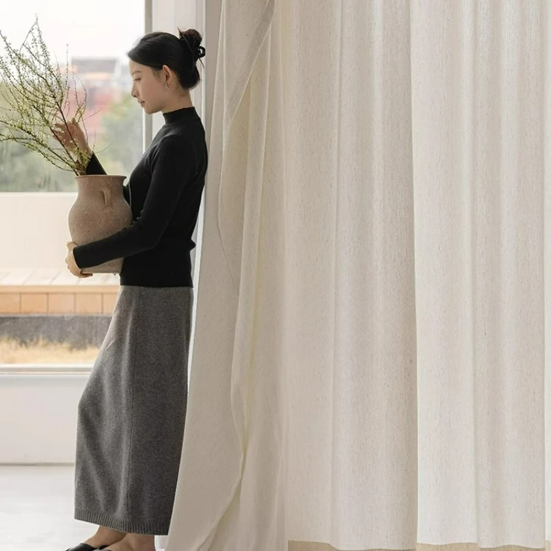 

White Sheer Curtain Thin Semi Blackout Simple Tulle Yarn Fabric Wood Style for Living Room Balcony Bedroom Window Decoration