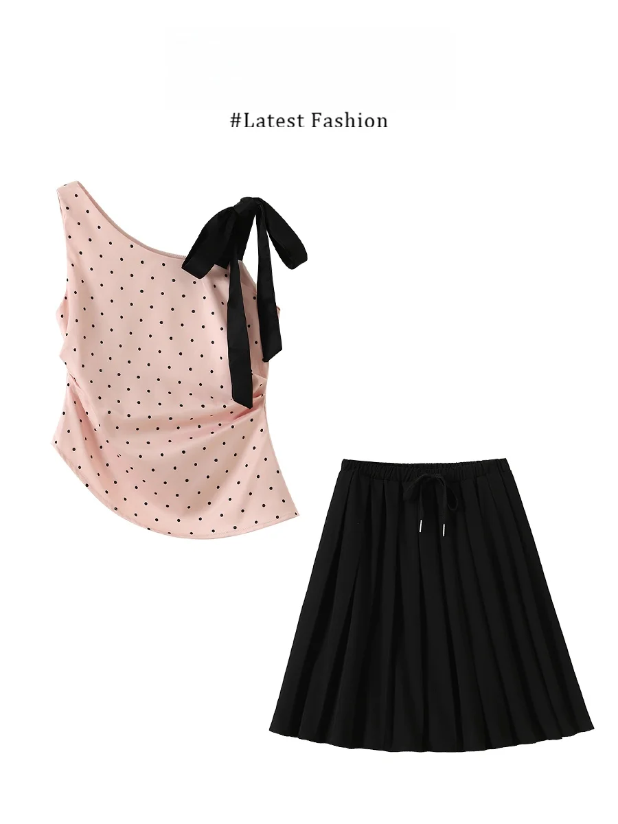 

Parkyeon Polka Dot Asymmetrical Shoulder Strap Vest And A-Line Skirt Set Women's Casual Fashion Outfit Summer Ensemble