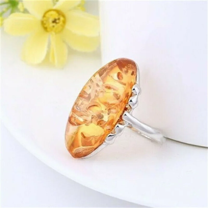 Vintage Oval Amber Stone Retro Rings for Womens Mens Jewelry Ring Size 6-10