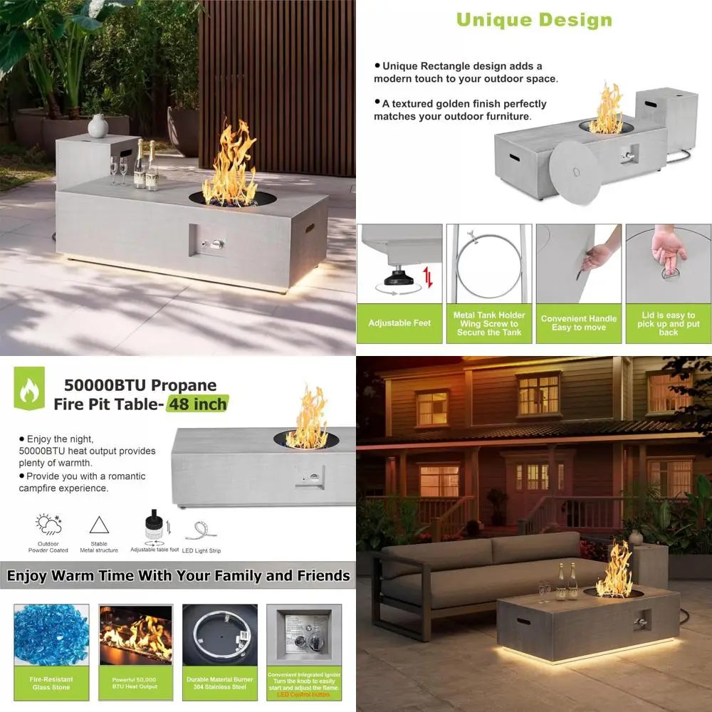 

50,000 BTU Outdoor Propane Fire Pit Table with Round Burner, Lid, Rocks, Cover, Tank Storage and Lighting Features