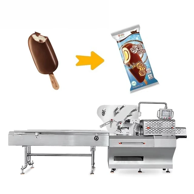 Fully Automatic Horizontal Mini Wrapping Flow Packing Ice Cream Cone Wafer Biscuit Lolly Popsicle Packaging Machine