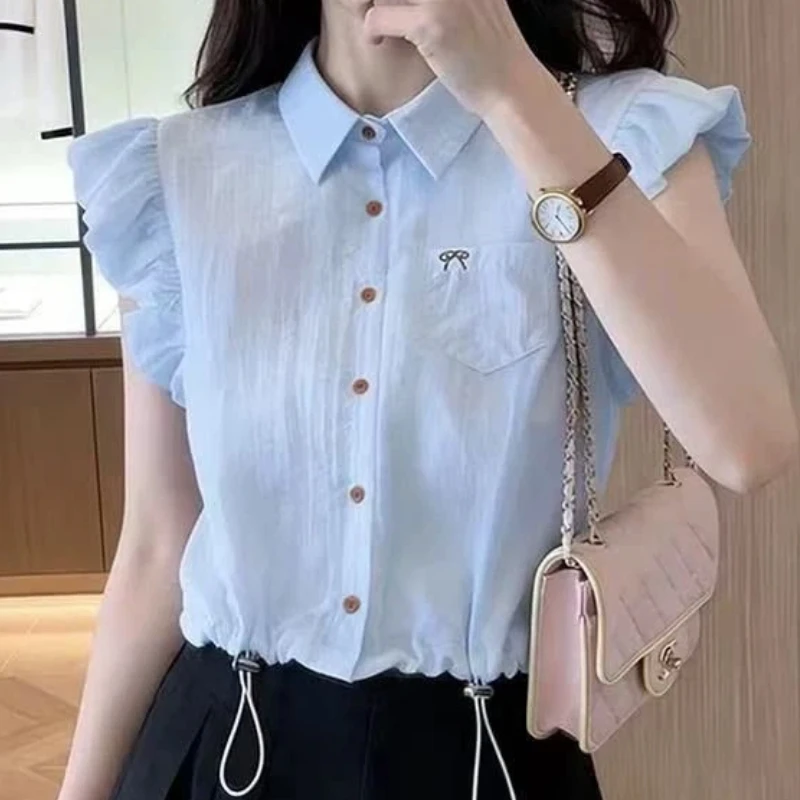 Korean Drawstring Button Ruffles Patchwork Short Shirt Tops Summer Women Clothing Short Sleeve Solid Sweet Blouse Fashion Trend
