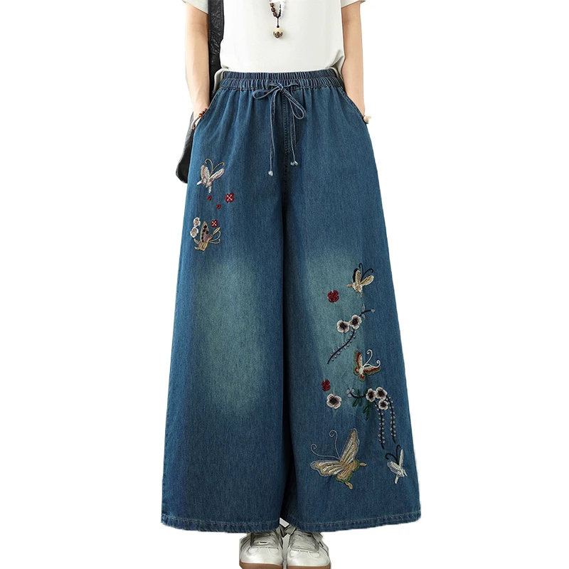 5912 Good Quality Chinese Style Butterfly Embroidery Wide Leg Jeans Women Spring Fall Fashion Thin Soft Comfortable Denim Pants
