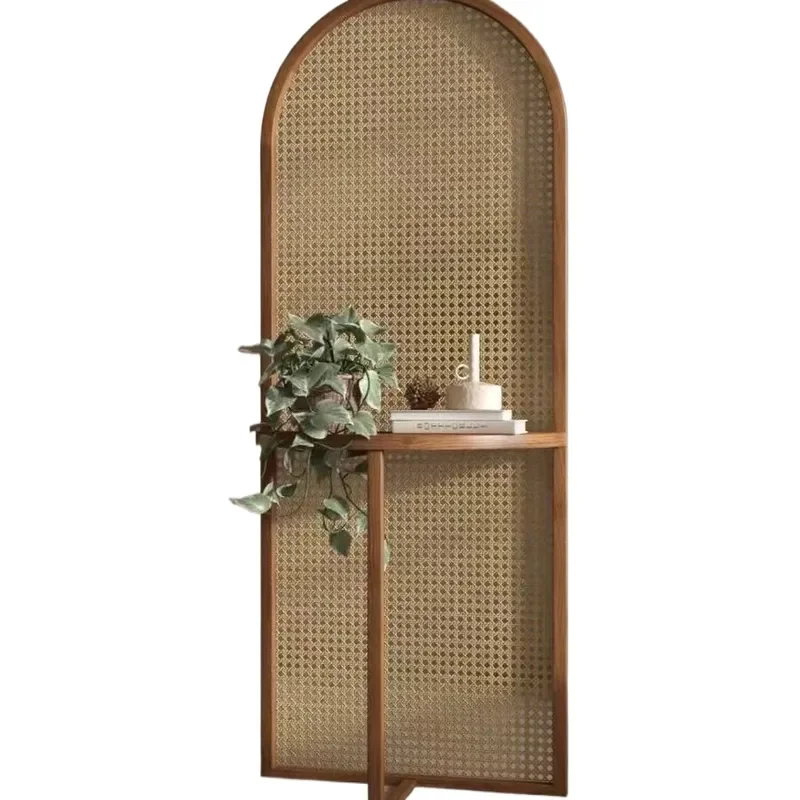 Japanese Rattan Room Divider Solid Wood Folding Screen Portable Partition for Living Room Bedroom Entryway Simple Home Decor
