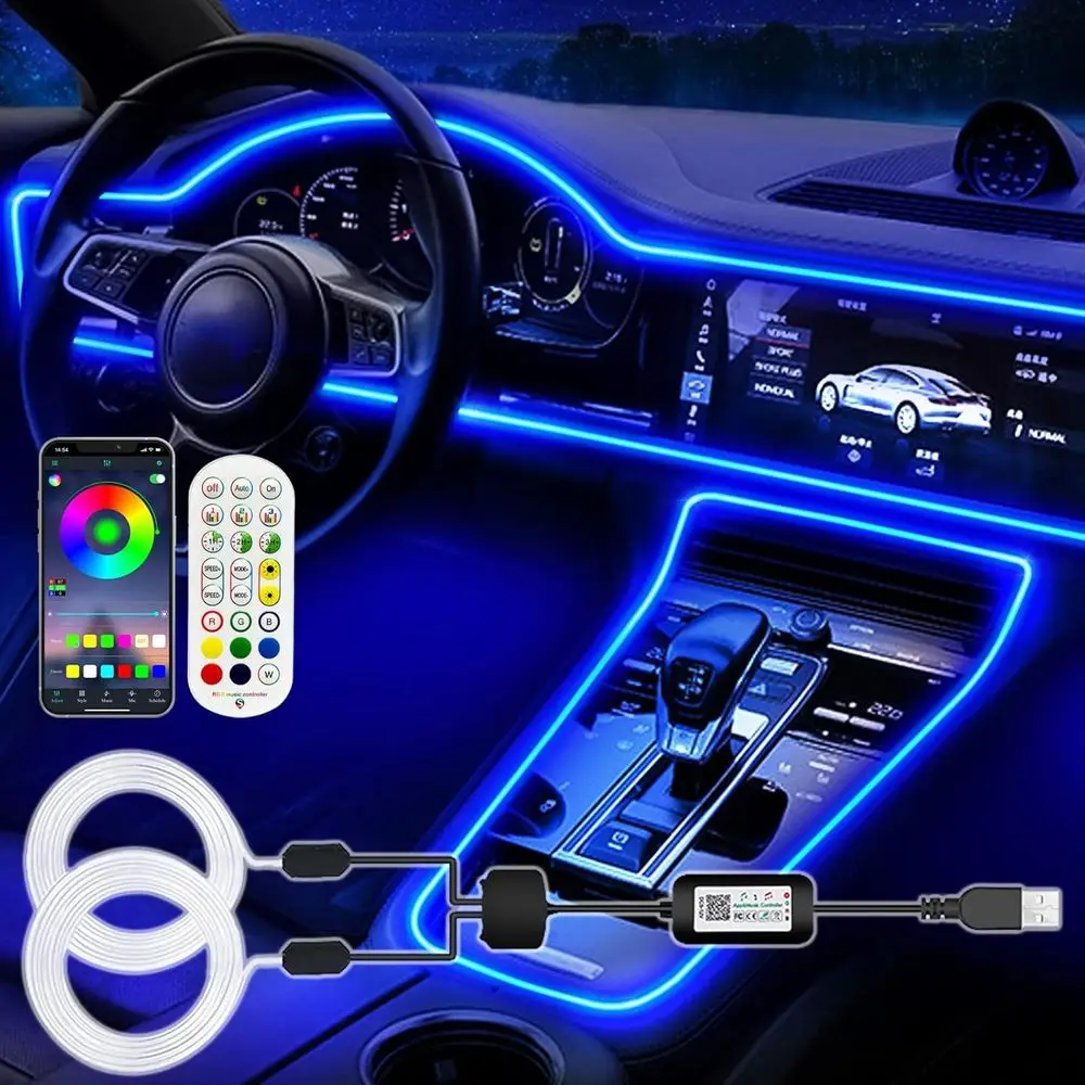 

Светодиодные RGB-лампы USB для салона автомобиля, беспроводное управление через приложение и пульт, синхронизация с музыкой (2 светодиодные ленты/157 дюймов)
