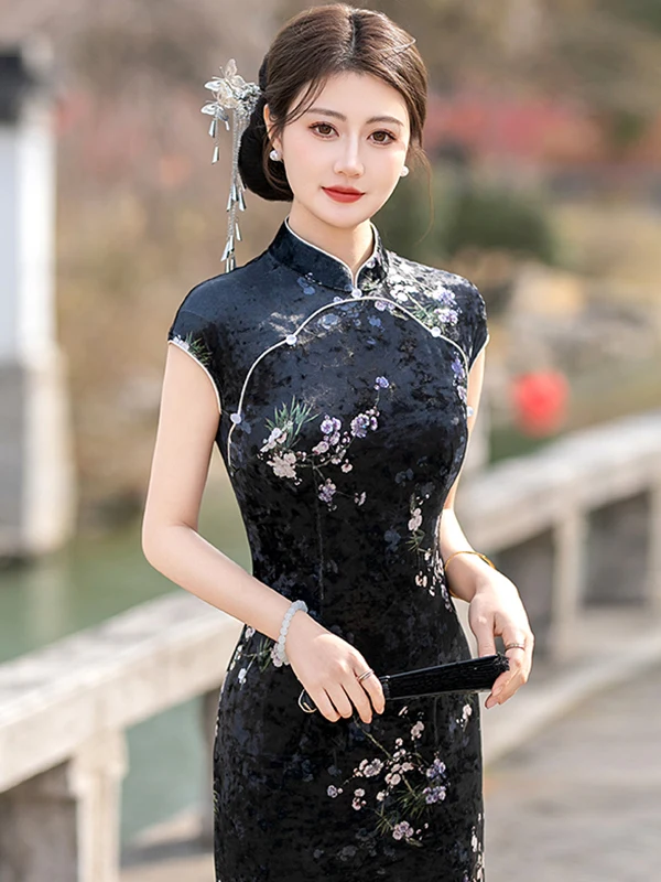 

Ele New Chinese Sle Vintage Inspired Daily Wear Low Cut Slit Long Qipao Skirt Breathable Comfortable Long Dr