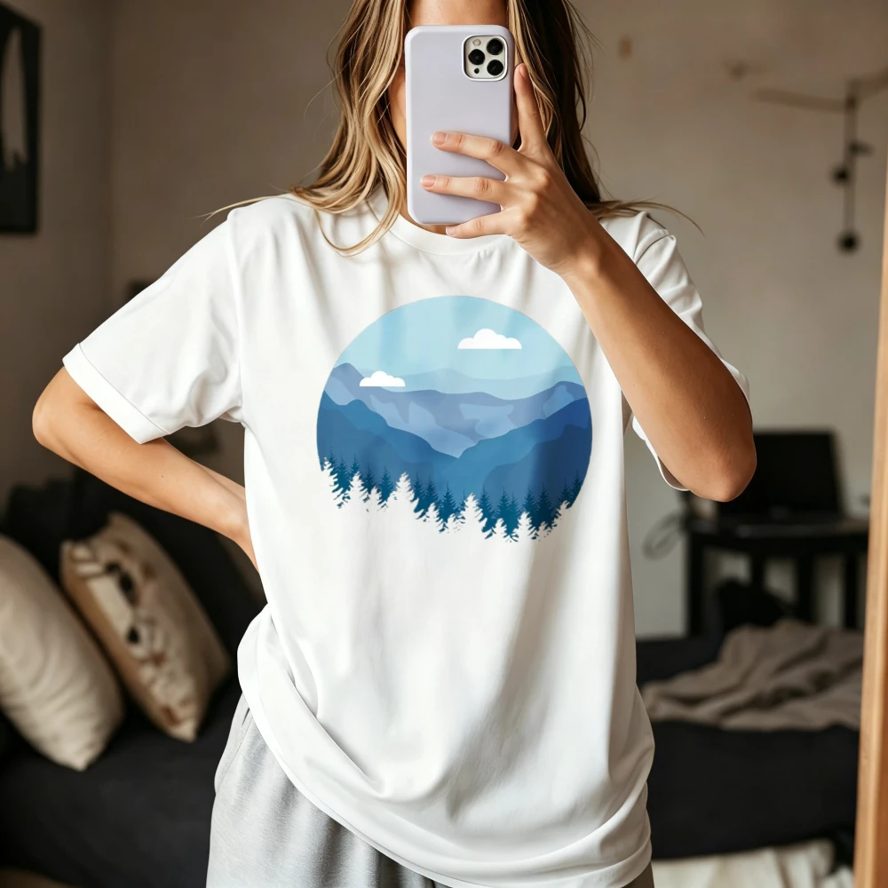 Mountain and Forest Silhouette Graphic Printed Classics T-Shirt Summer O-neck Casual Fashion Loose Harajuku Man Women Clothing