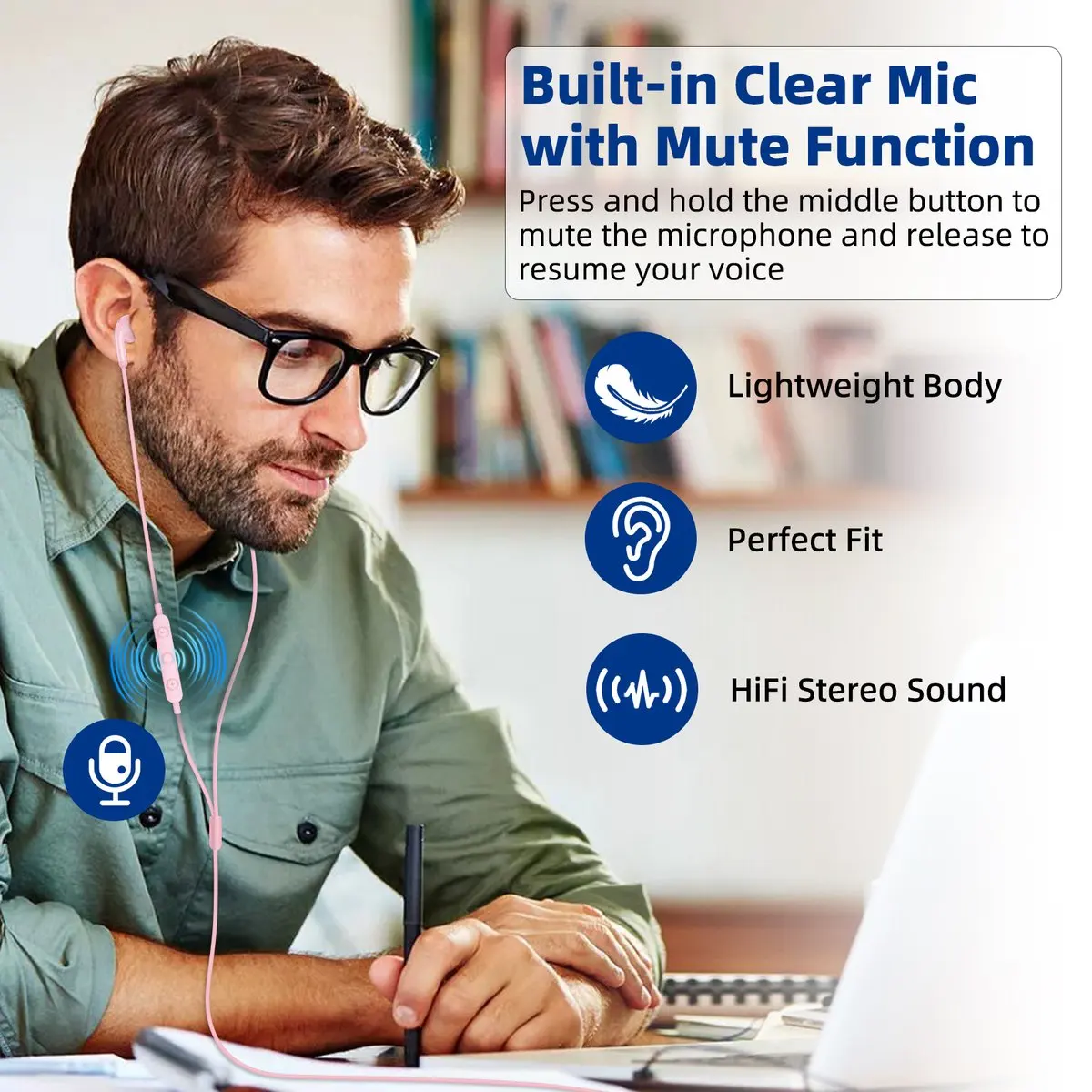 2.3m USB Wired In-Ear Headphones with Noise Reduction Earbuds In-Line Mute Control for PC Laptop Desktop Computer Pink Cute Gift