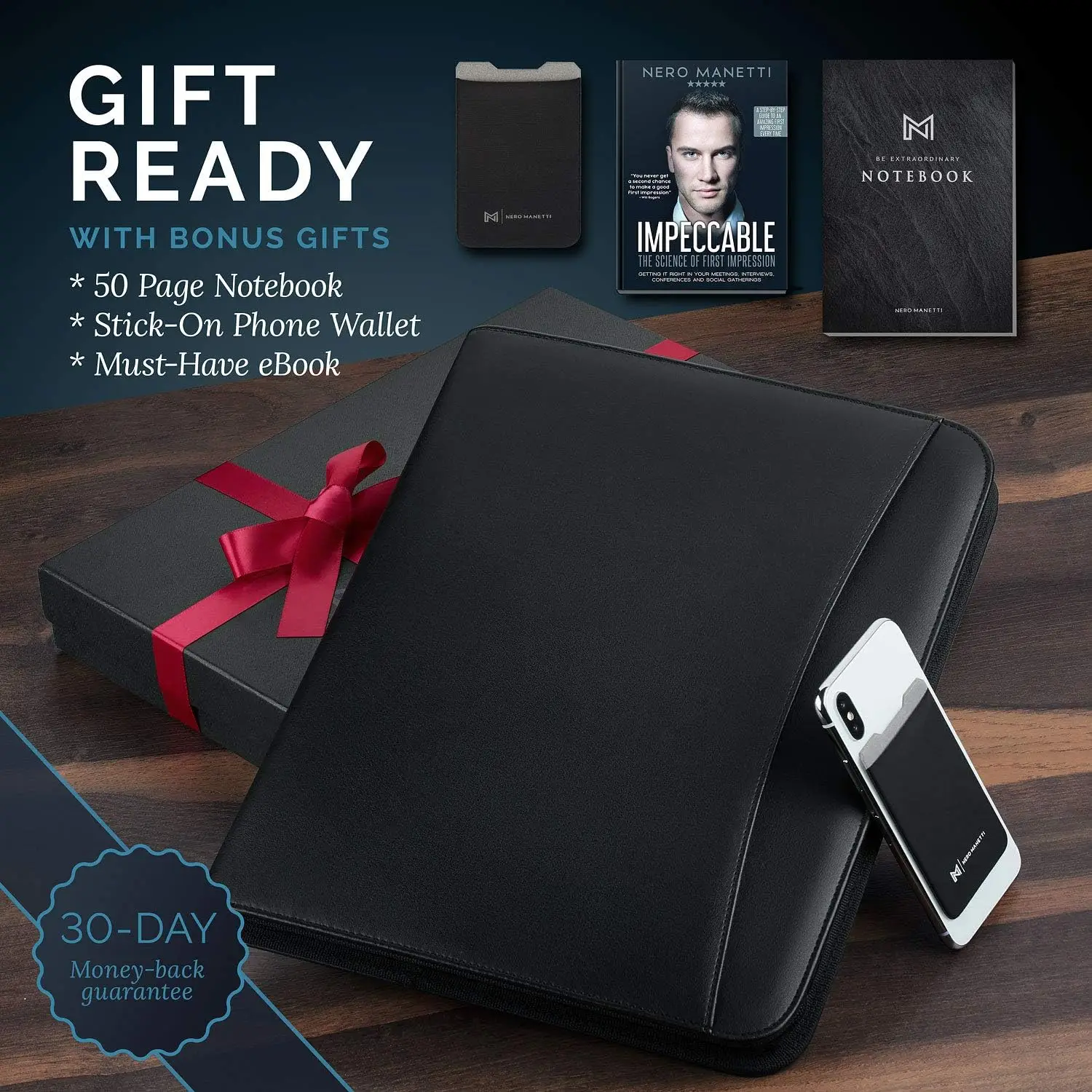 حامل وسادة محفظة بسحاب من الجلد النباتي للأعمال والآيباد والهواتف - يتضمن دفاتر الملاحظات وصندوق الهدايا