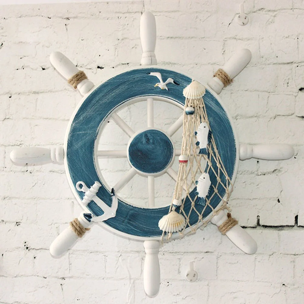 Mediterranean Style Nordic Wooden Nautical Steering Wheel with Fishing Net for Bedroom Living Room Part Ship rudder decoration