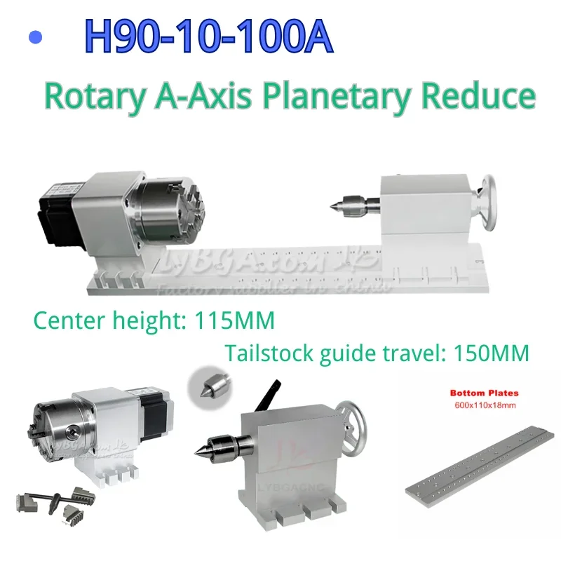 H90-10-100A CNC 4th Axis Rotary Indexing Head, High Precision Planetary Reducer 100mm 3-Jaw Chuck With Tailstock Base for Wood
