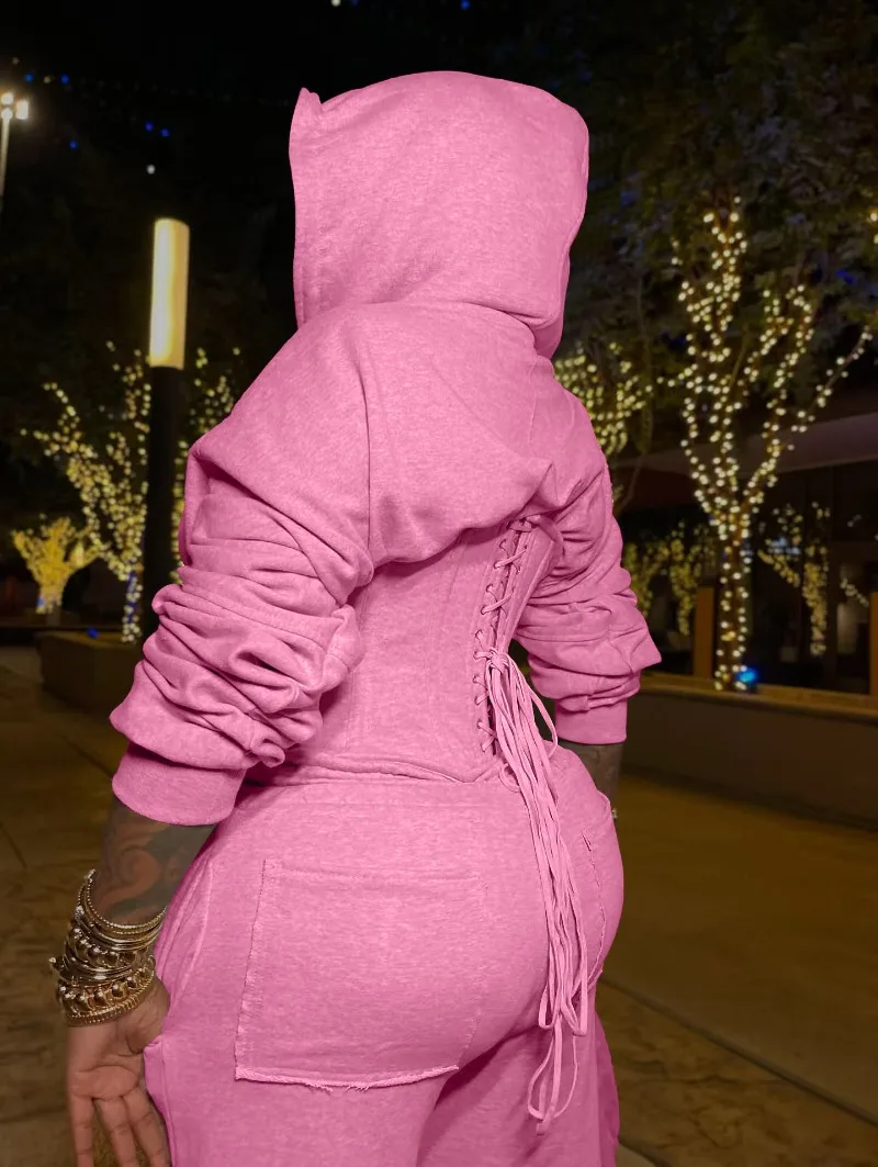 Moda 2 peça conjunto feminino sólido manga longa zíper rendas até espartilho moletom com capuz casaco superior + calças de perna larga casual fatos de treino