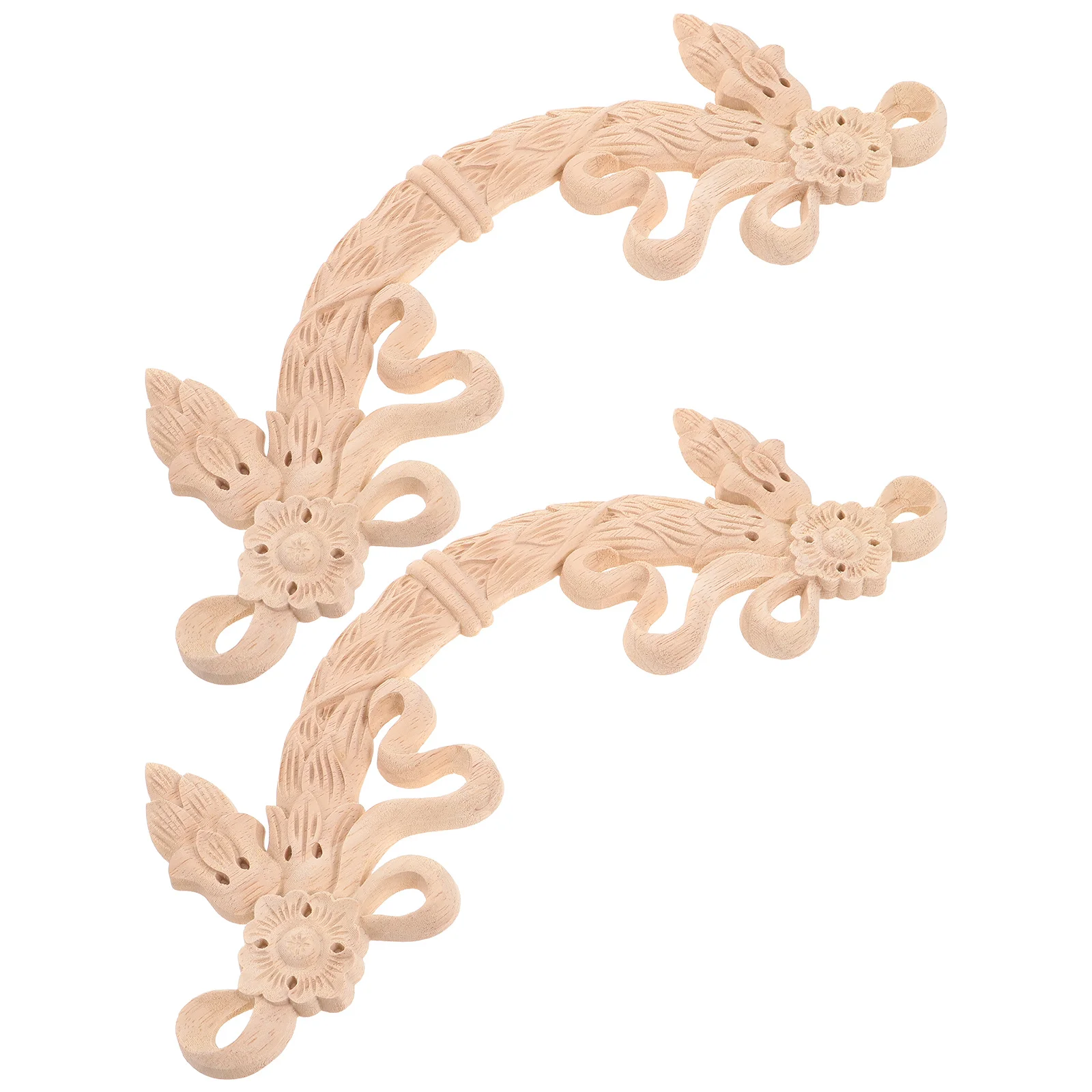 

2pcs Wood Carved Applique Onlays 32X10Cm European Style Decorative Trim For Furniture Door Cabinet Moulding Solid Flower Pattern