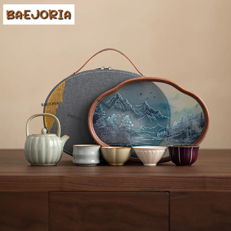 BAEJORIA Five Famous Kilns Lifting Beam Pot Travel Tea Set Kit Aesthetic 1 Pot 4 Cups Tea Maker Organizer Portable Camping Bag