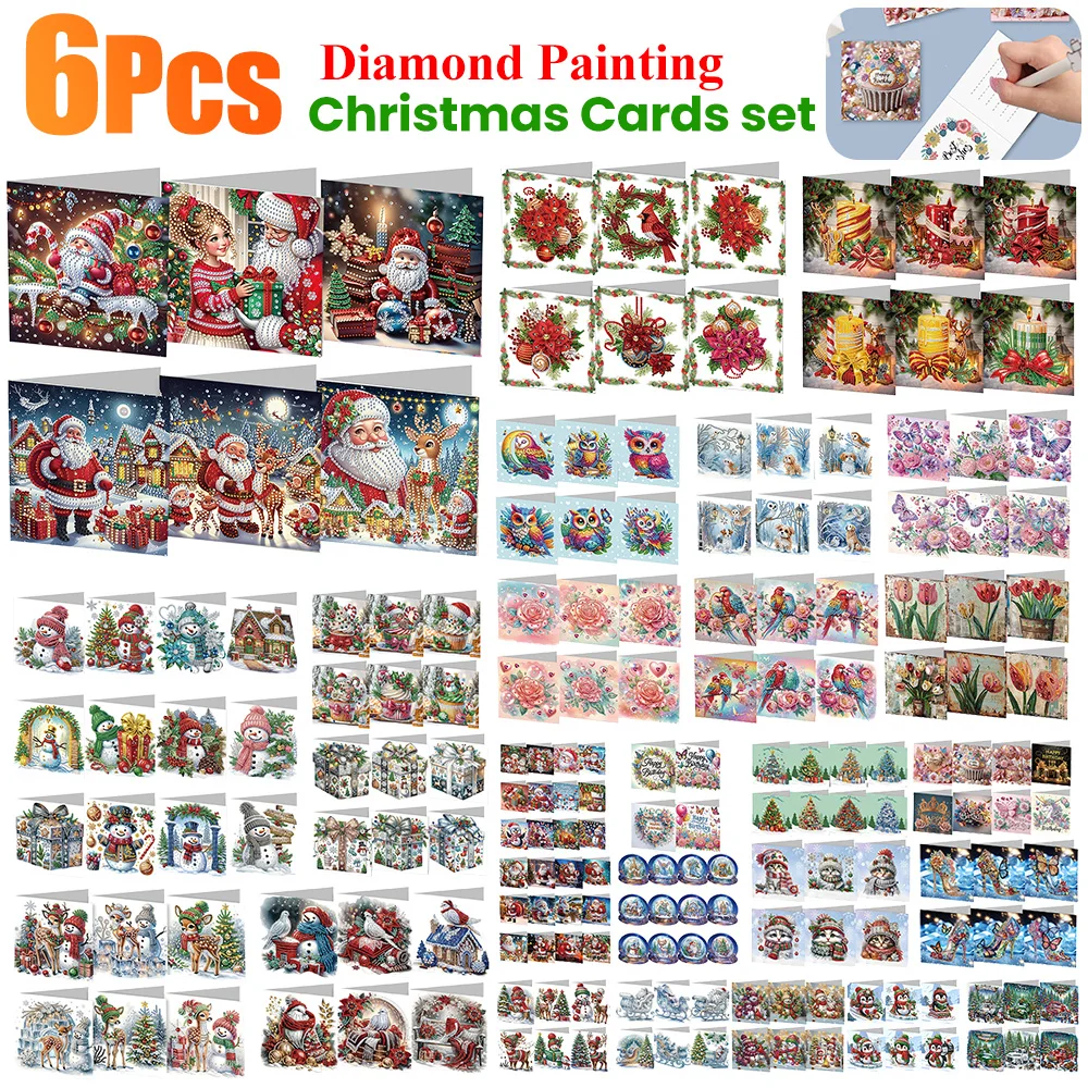 6pcs Diamond Painted Greeting Cards DIY Rhinestone Painting Mosaic Postcards Arts Crafts Thank You Card Christmas Birthday Gifts