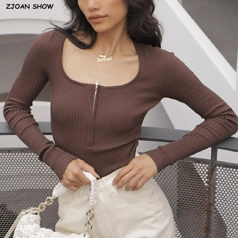 

90'S Vintage Open Zipper Square Collar Ribbed Knitting Long sleeve Bodysuit Woman Short Jumpsuit Slim Waist Rompers Playsuits