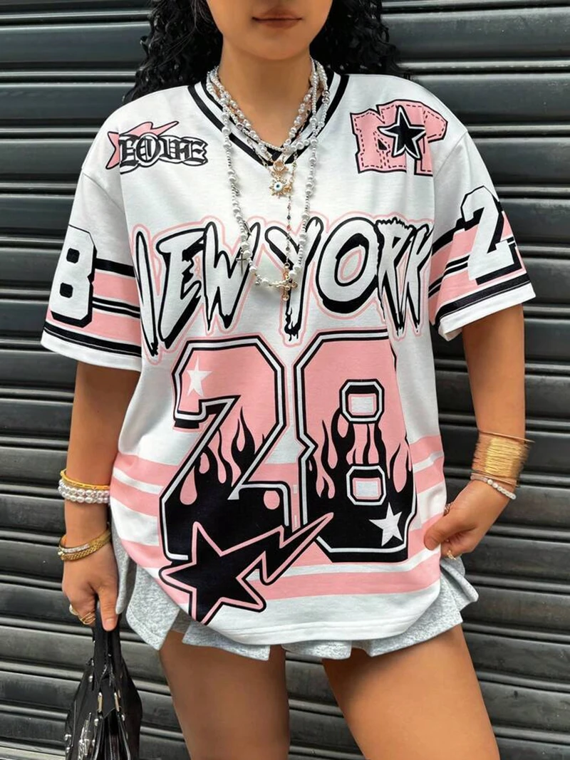 

Stylish Lady Letter Number Printed Hip Hop T Shirts 2025 Summer Women Short Sleeve V Neck Casual Loose Baseball Street Tops Tees