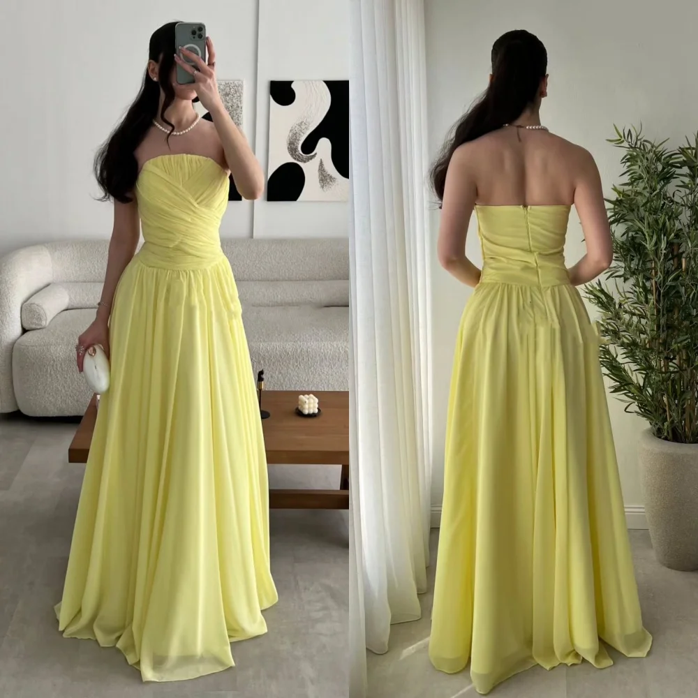 

Customized Modern Style Sizes Available Chiffon Pleat Ruched Draped A-line Strapless Long Dresses Bespoke Occasion Dresses Retro