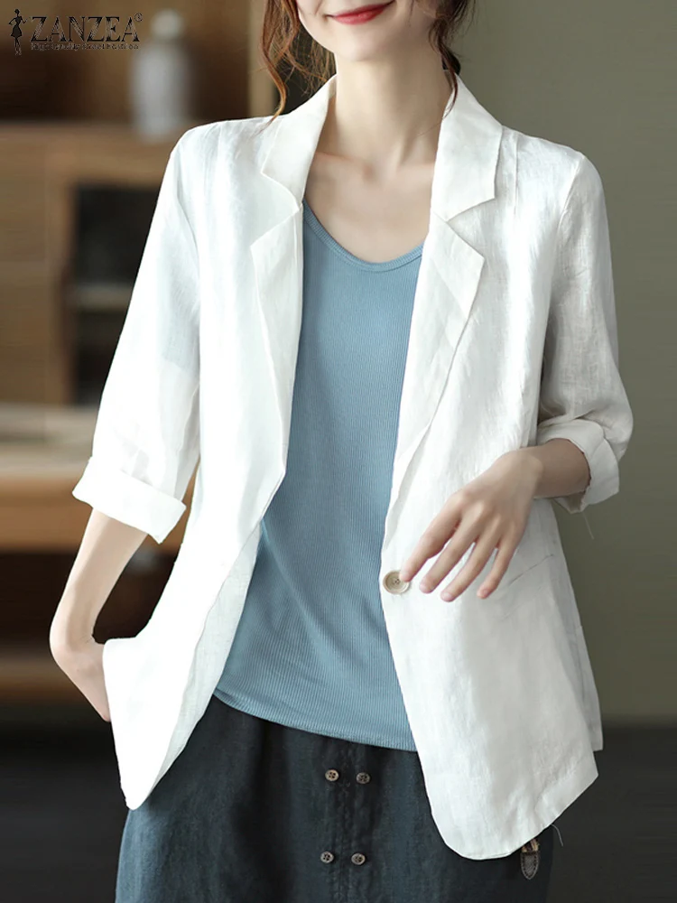 2024 ZANZEA Women Spring Lapel Neck 3/4 Sleeve Solid Cotton Blazer Thin Coats Summer Vintage Loose Work Suits Casual Outwear