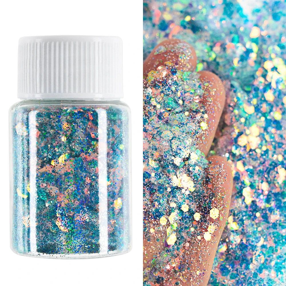 10g Fairy Blue Holographic Nail Glitter Sequins for Creativity Mixed Hexagon Mermaid Nail Yuki Flakes Loose Chunky Nail Glitter