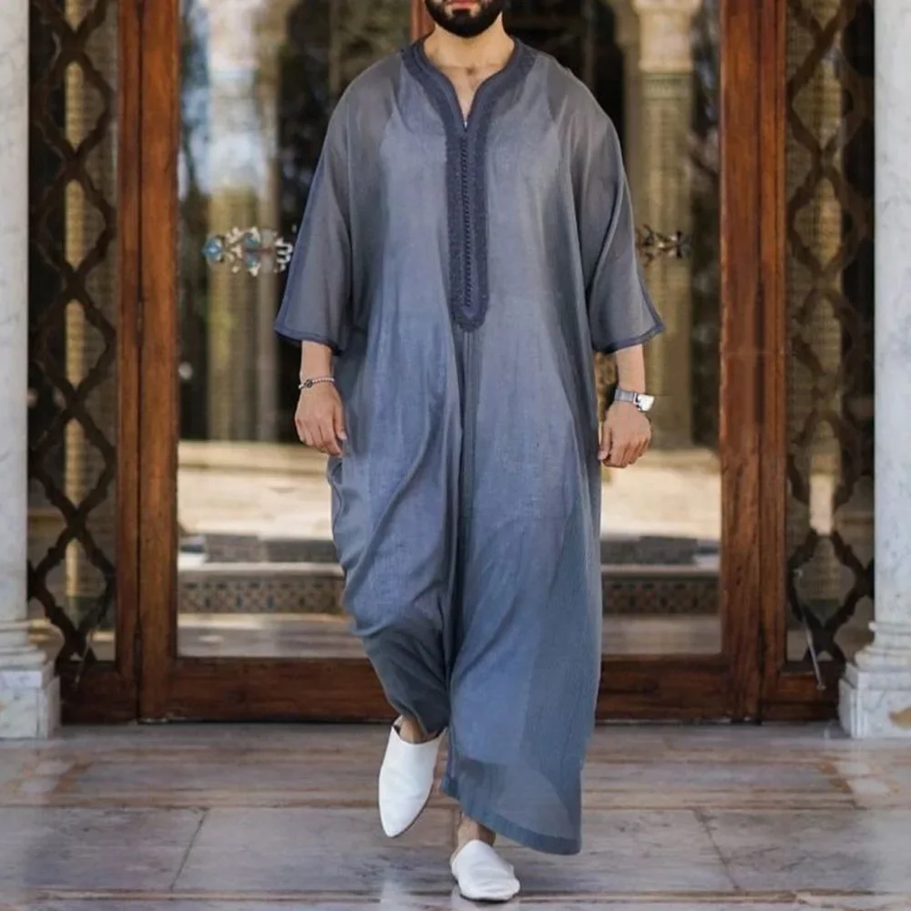 Camisa muçulmana de botão monocromático para homens, Jubba Thobe, robe médio, gola, kaftan islâmico, árabe Abayas, saudita