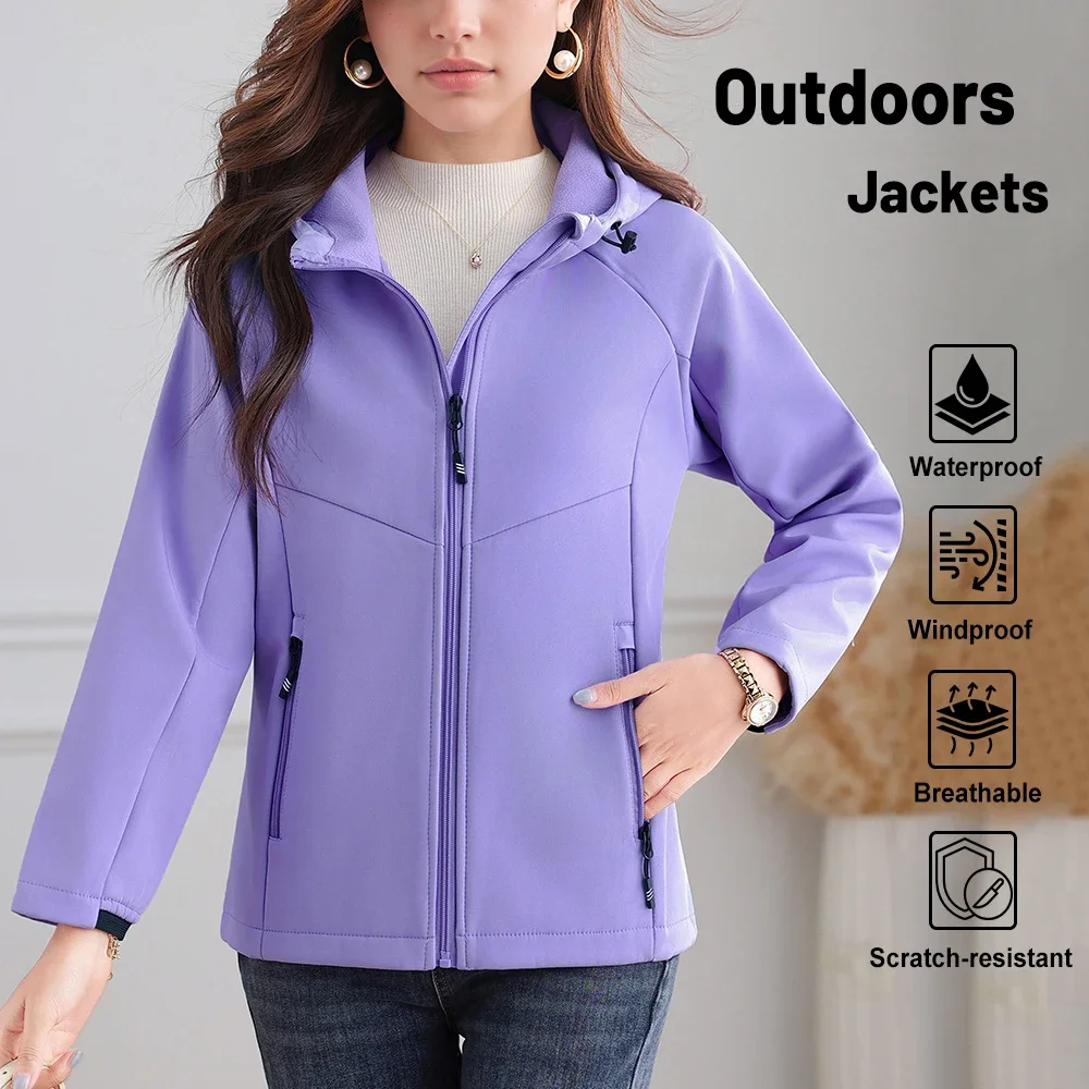 Outdoor Waterproof Fleece Lined Hiking Jackets Women Windproof Warm Softshell Coats for Camping Trekking Mountain Biking Jacket