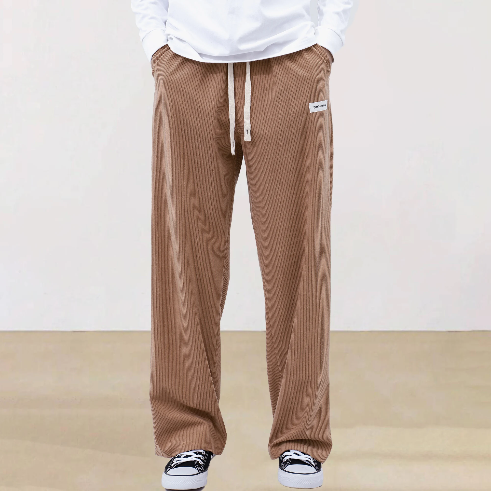 Summer new solid color lace-up sweatpants corduroy simple pants men's fall and winter pants casual pants