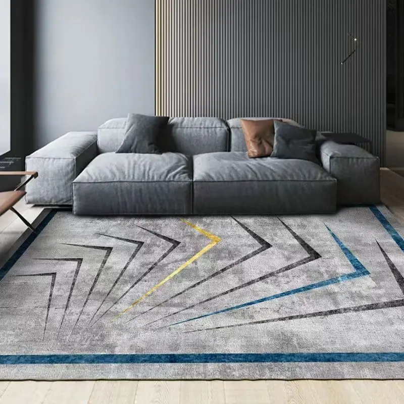 VIKAMA Grey Blue Gold Ink Abstract Area Rug for Living Room Office, Non Slip Machine Washable Floor Rug Home Decor