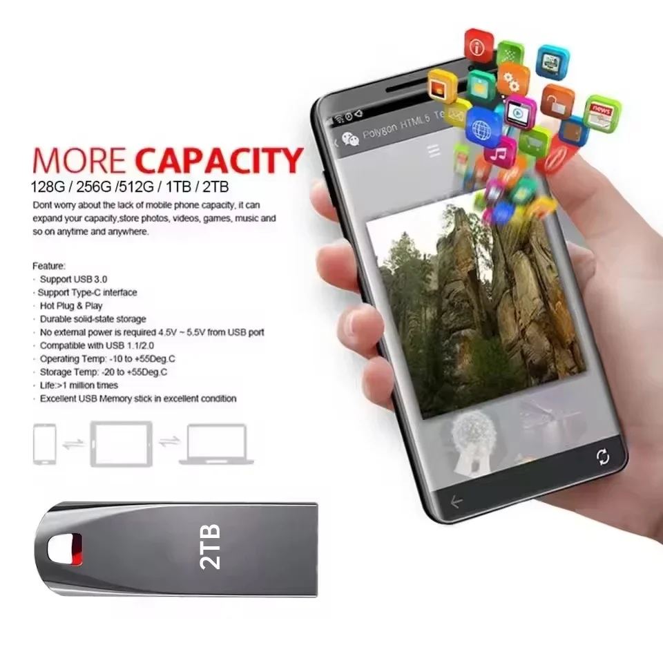 샤오미 USB 3.0 메탈 플래시 드라이브, 고속 펜드라이브, 휴대용 USB 드라이브, 방수 메모리, USB 플래시 디스크, 2TB, 1TB, 512GB, 256GB