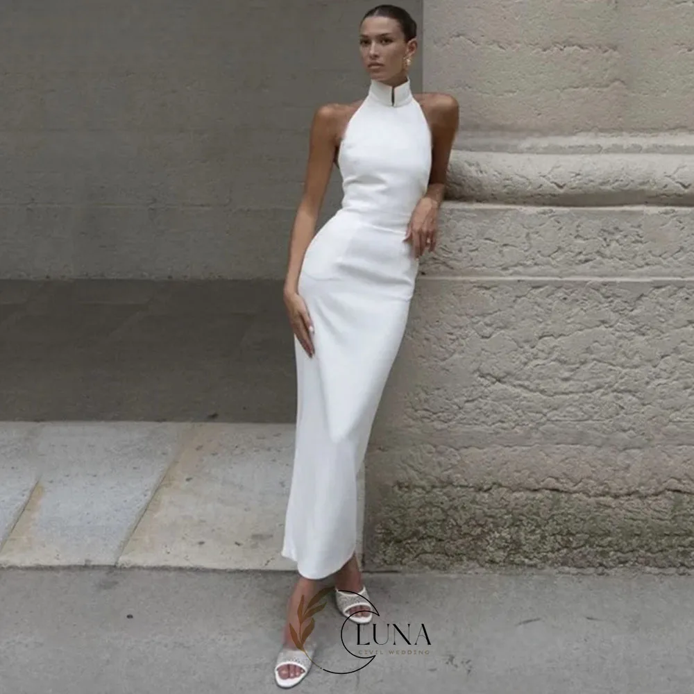 Luna Maßgeschneidertes Einfaches Meerjungfrau-Hochzeitskleid in Elfenbein Elegantes Hochgeschlossenes Ärmelloses Plissiertes Knöchellanges Kleid Satin Rückenfreies Kleid