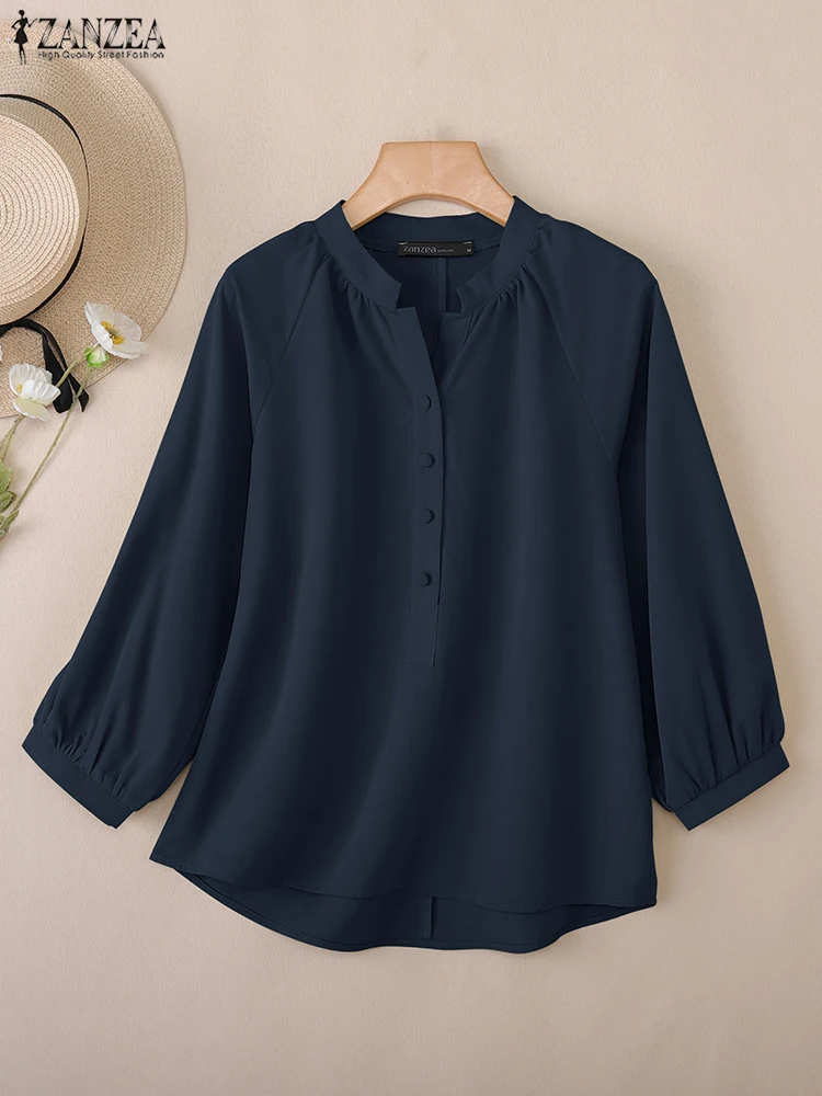 เสื้อเชิ้ตแฟชั่นผู้หญิง ZANZEA ปี 2025 สีพื้น แขน 3/4 เสื้อเบลาส์ลำลอง สไตล์ฤดูใบไม้ร่วง เสื้อทำงานผู้หญิง ดีไซน์หรูหรา ทรงหลวม ติดกระดุม คอวี