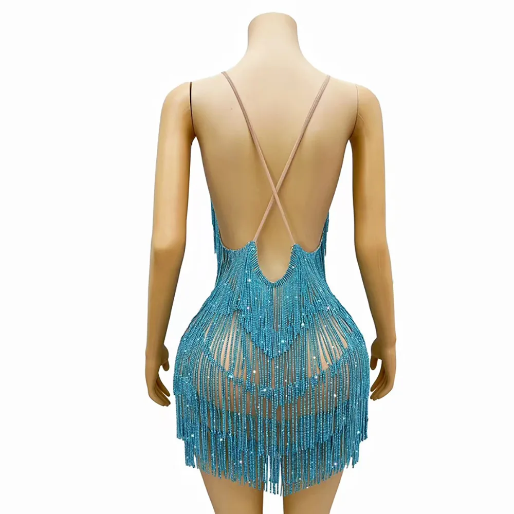 ฤดูร้อน Suspender ลึก V Fringed Multi-สีชุดราตรีบาร์ไนท์คลับเต้นรําเวที Live Talent Robes Bal De โปรโมชัน