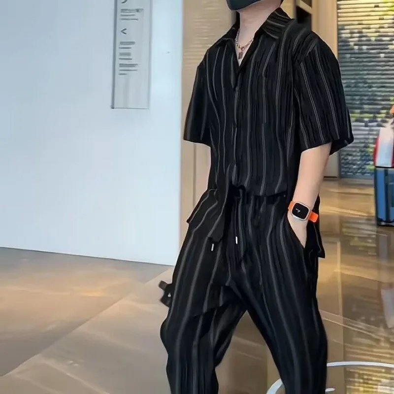 Unisex Striped Shirt Set Men Summer Loose Non Ironing Shirt+casual Pants Two-piece Set Sweatpants Blouse Tracksuit Men