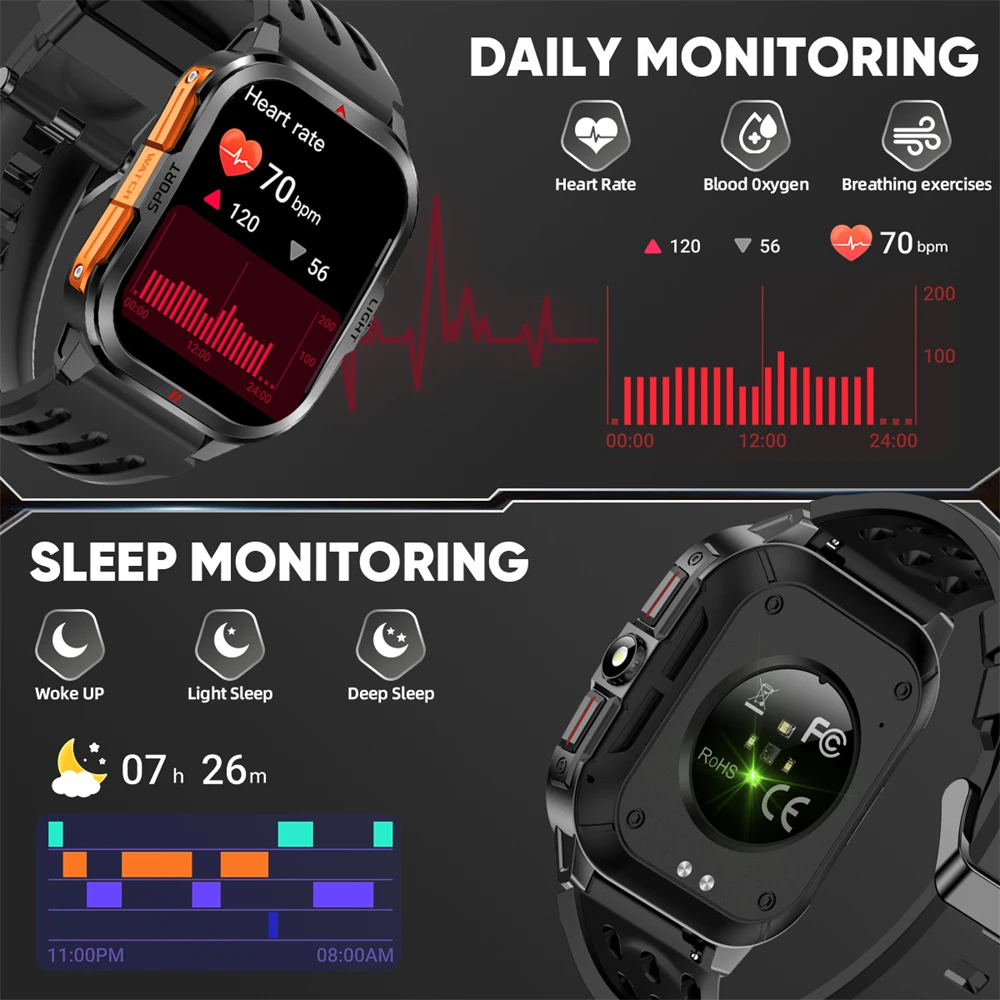 LIGE Jam Tangan Pintar dengan Senter 2.01 "Layar HD Bluetooth Peringatan Pesan Panggilan Baterai 400MAh Jam Tangan Pintar Olahraga Tahan Air 3ATM
