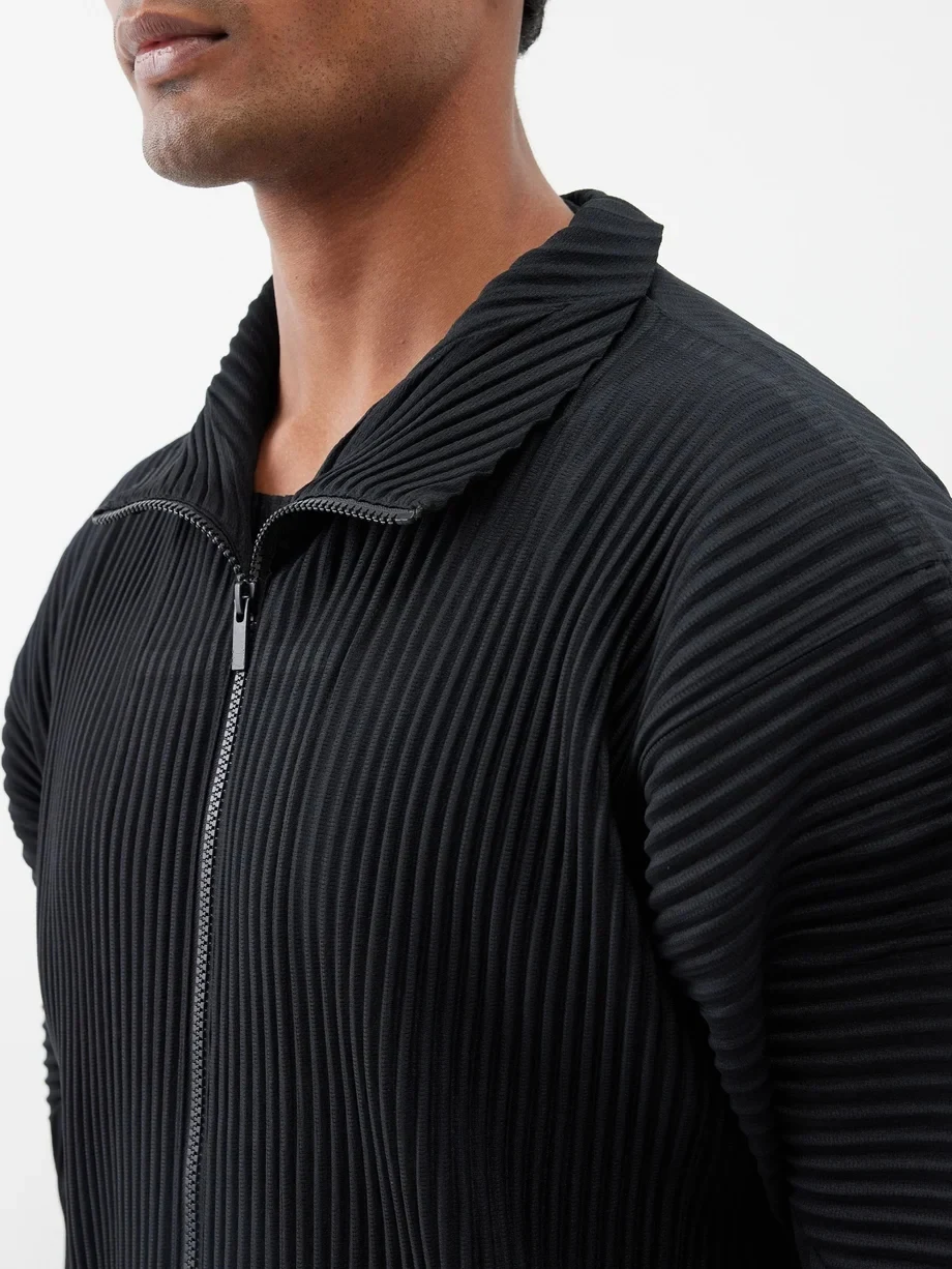 Miyake Plisse Man 지퍼업 플리츠 캐주얼 가디건 스트리트 패션 코트 프론트 양방향 지퍼 터틀넥 재킷