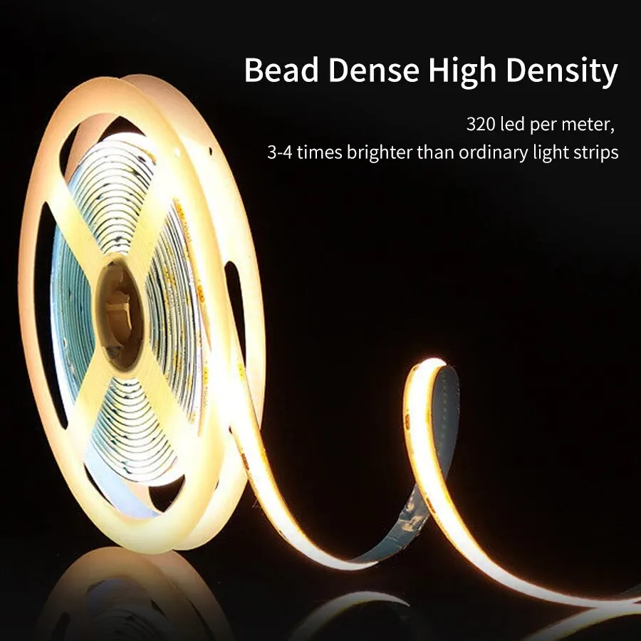 5M 10M 24V COB LED Strip Linear Cutable 320 Lamp Beads/m High Brightness Flexible Nature Cool White COB Led Tape Light EU Plug