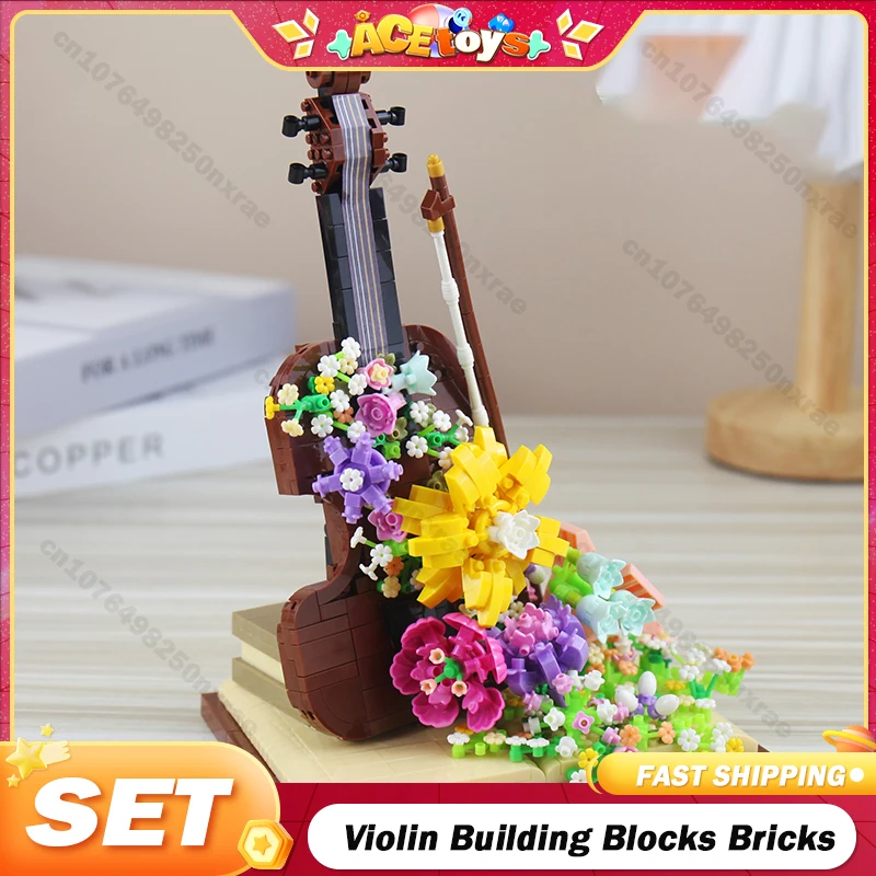 Violin Building Blocks Bricks Eternal Flower Creative Piano Bouquet Instrument Assembly Model Desktop Decoration Kid Toys Gifts