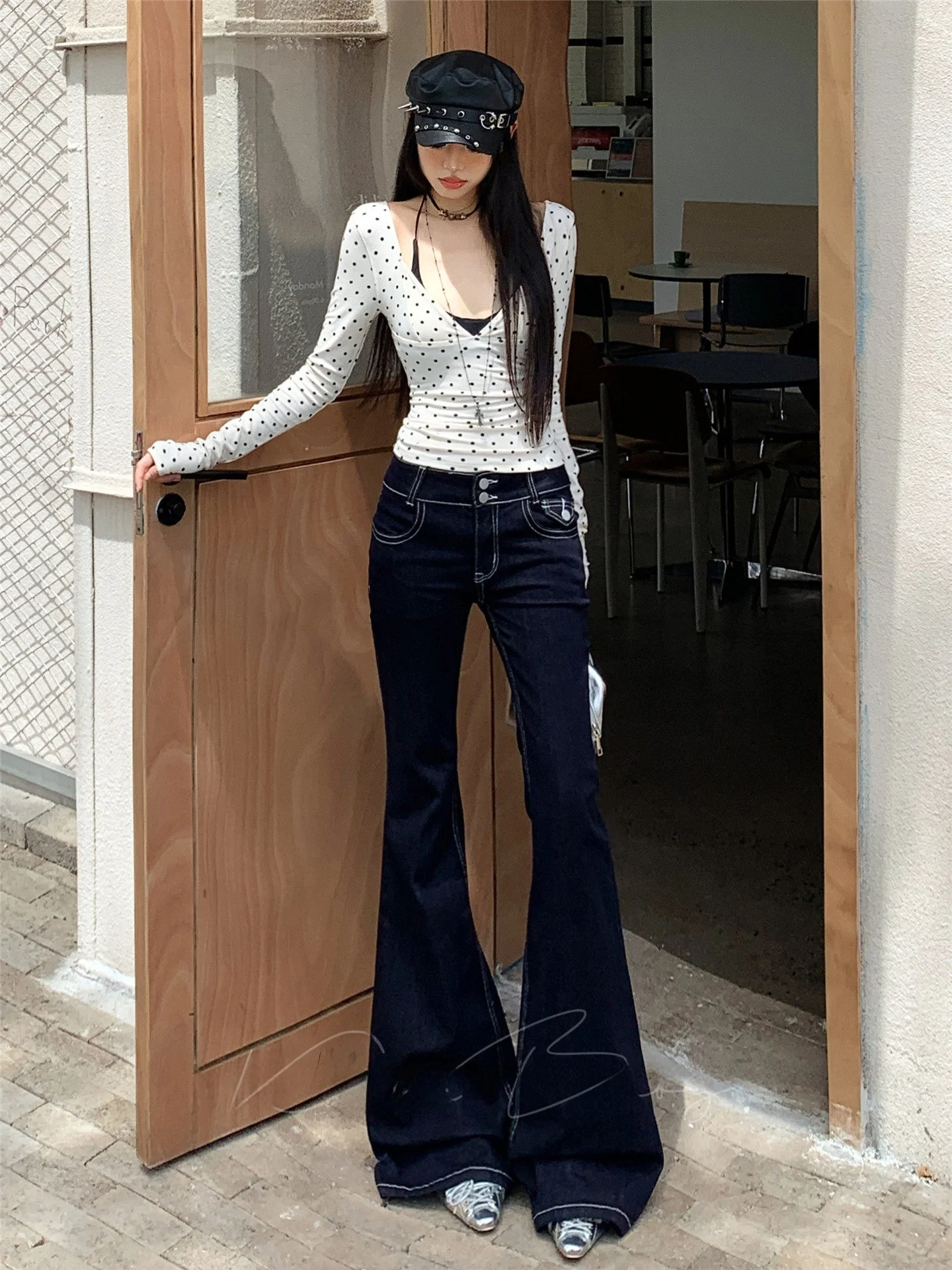 

Low Waist Double Bule Bell Bot Jeans Women's Slimming Versatile Flared Cotton Stretch Denim Retro Sle Floor Length