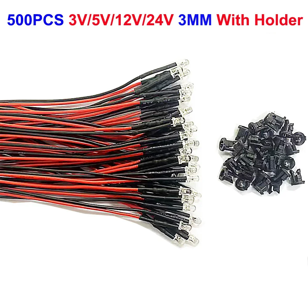 20-1000pcs 3mm 5mm 10mm LED Pre-wired water clear 3V 5V 12V Red Green Blue white RGB UV light-emitting diode with Plastic Holder