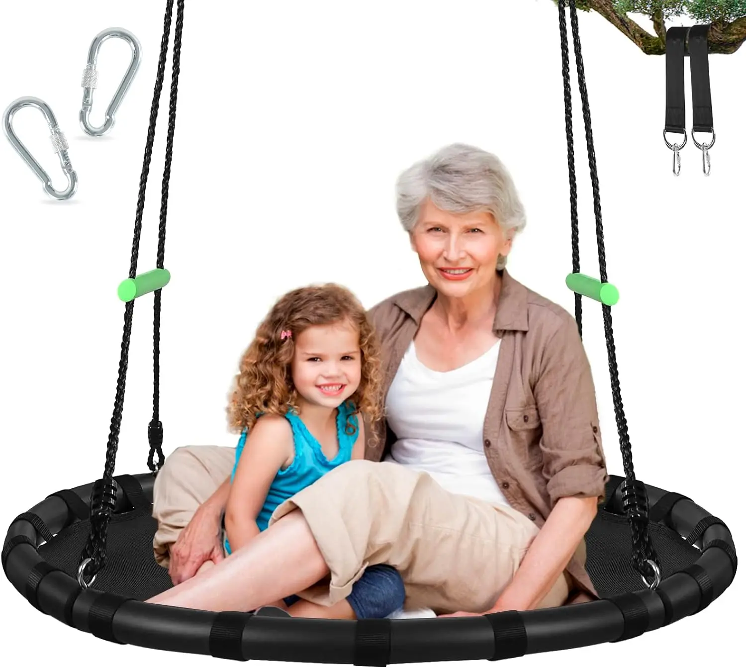 

Black Hanging Tree Swing with Detachable Frame,PP Mat,Adjustable Multi-Strand Ropes,Safe and Durable Saucer Swing