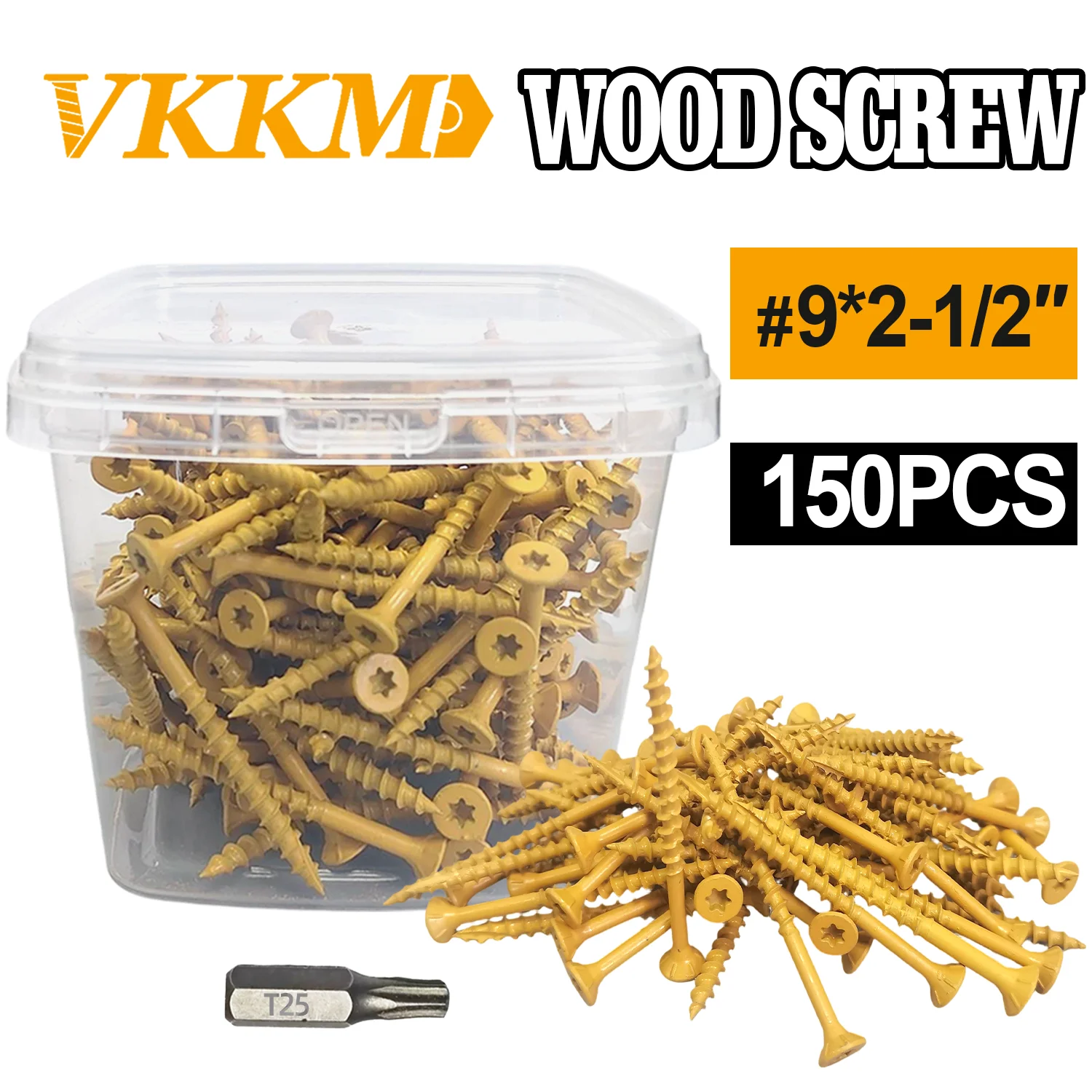 

VKKM #9*2-1/2 150Pcs Yellow Plum Blossom Head Screw Anti-slip Groove Panel Furniture Installation T25 Drill Bit