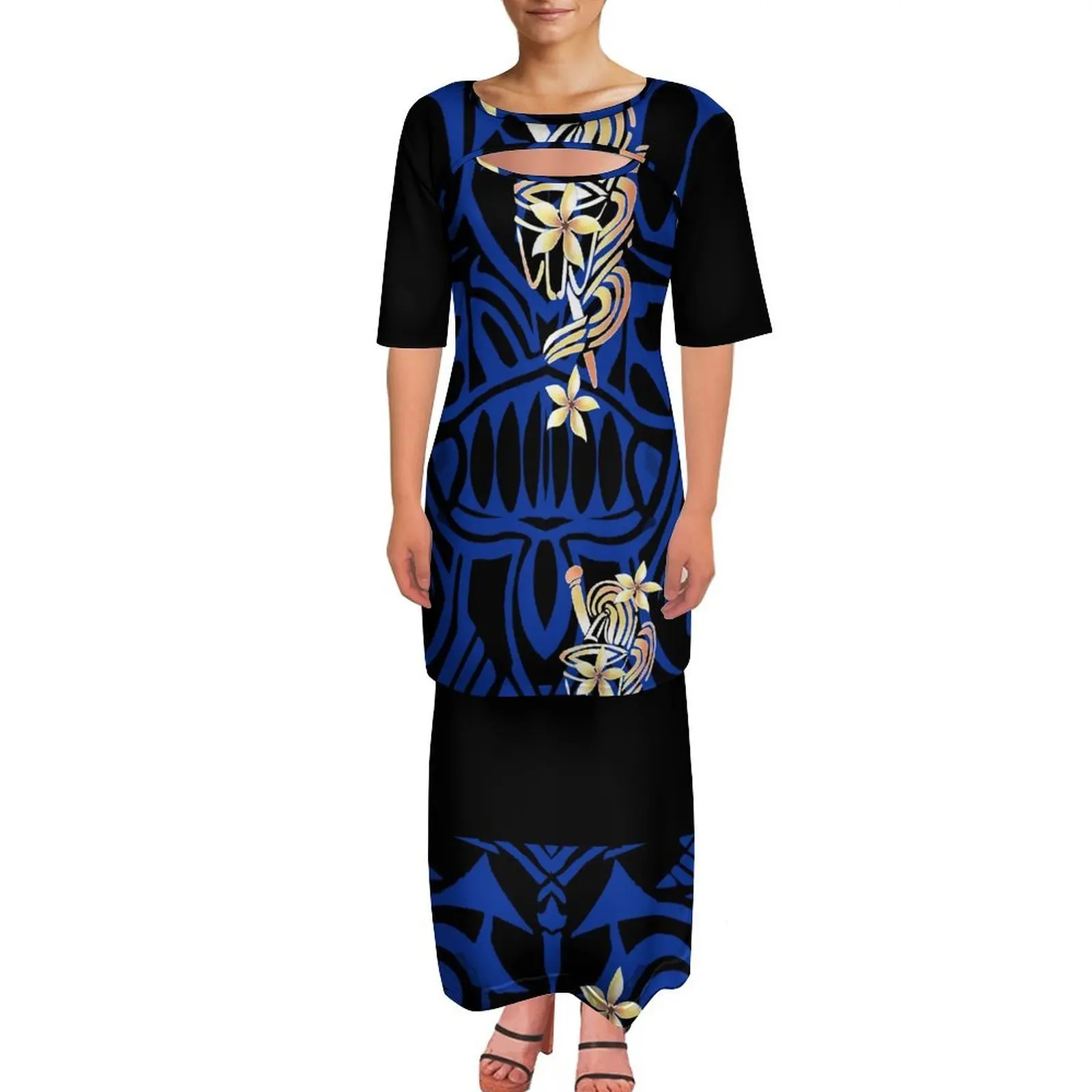 

Summer Tribe Customized Floral Print Dress Pattern - Polynesian Lady Puletasi Hollowed-Out Fake Two-Piece Elegant Long Dress