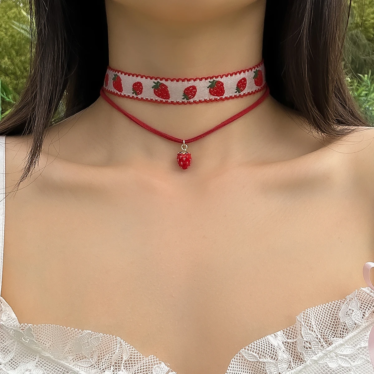 PuRui Y2K Creative Strawberry Pendant Necklace Korean Velvet Red Rope Chain Choker for Women Jewelry Collar Street Gifts Trendy