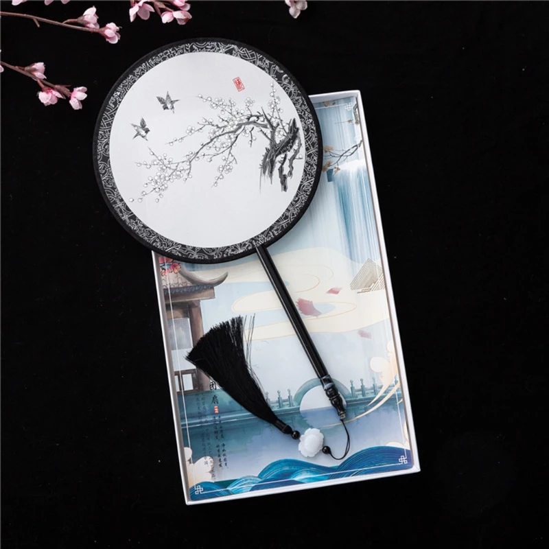 Chinese Antique Handheld Round Circular Fan Retro Blue and White Porcelain Lotus Floral Print Dancing Hand Dropship