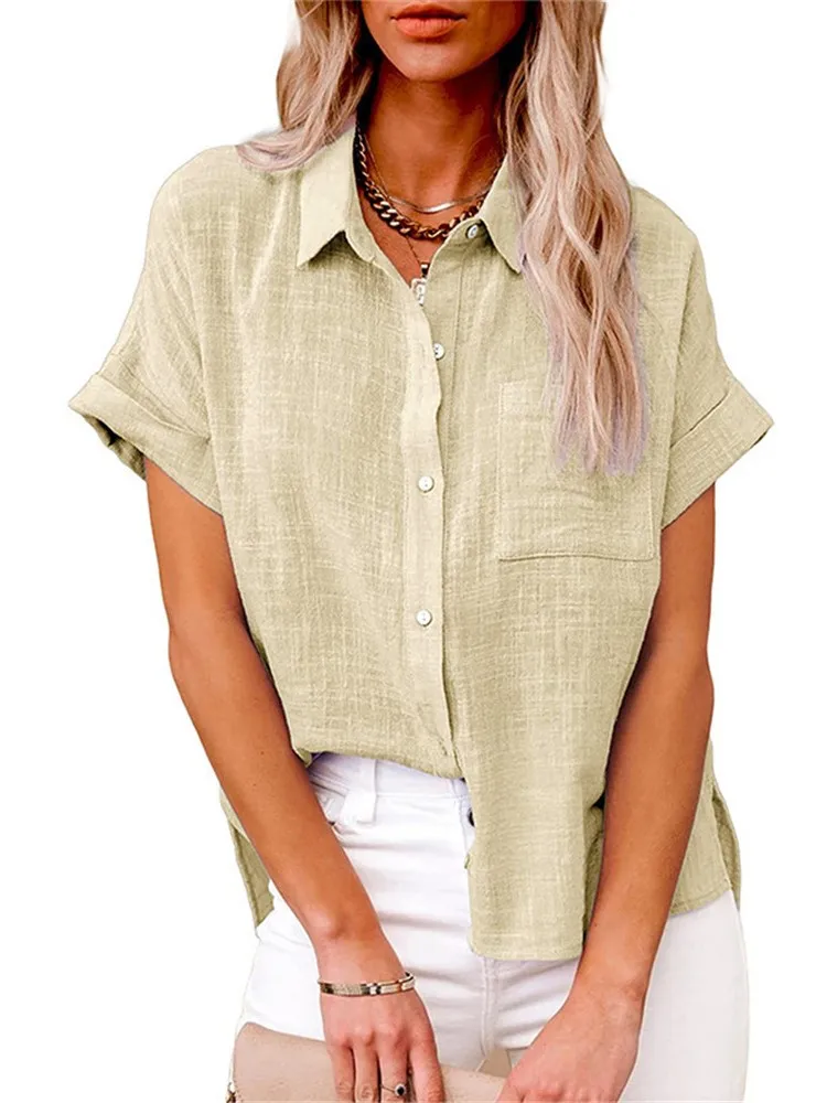 Summer Solid Shirt Lapel Cotton Hemp Button Pocket Flying Sleeve Short Sleeve Shirt  Casual Office Top Clothes For Women