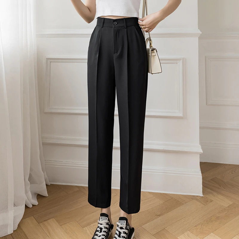 High Waist Casual Blue Pants Female Pocket Zipper Apricot Suit Pants Women Autumn  Straight Loose White Trousers S-XL