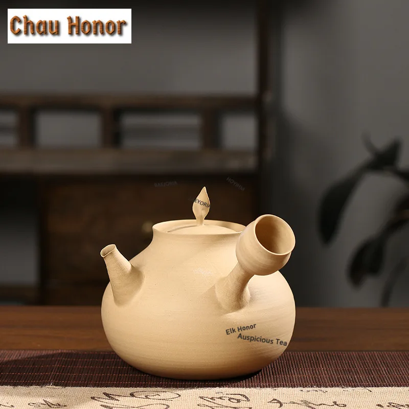ZAEYORIA 650ml Chaozhou Kungfu Teapot Raw Ore White Mud Sand-coated Teapot Handmade Boiling Water Side-hand Kettle Tea Ceremony