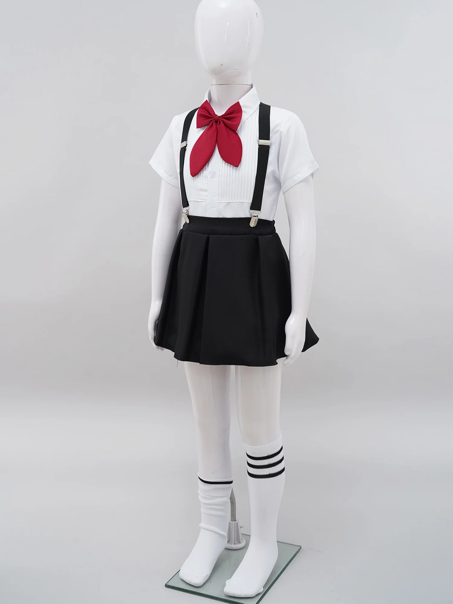 Camisa de gravata borboleta infantil com suspensão saia e meias, roupas de piano, alunas traje de performance de palco, uniforme escolar, meninas