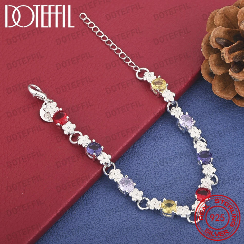 925 Sterling Silver 8-inch Luxury Flower Colored Zircon Bracelet for Women, Fashion Party Gift Accessories