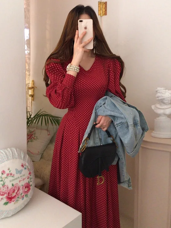 Elegant Vintage Spring Summer Autumn Winter Women's Long Sleeve Polka Dot Dress with Belt Slimming Color Block Pleated Skirt